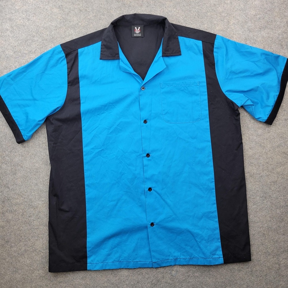 Hilton Shirt Mens Large Blue Black Retro Bowling Button Short Sleeve Rickabilly